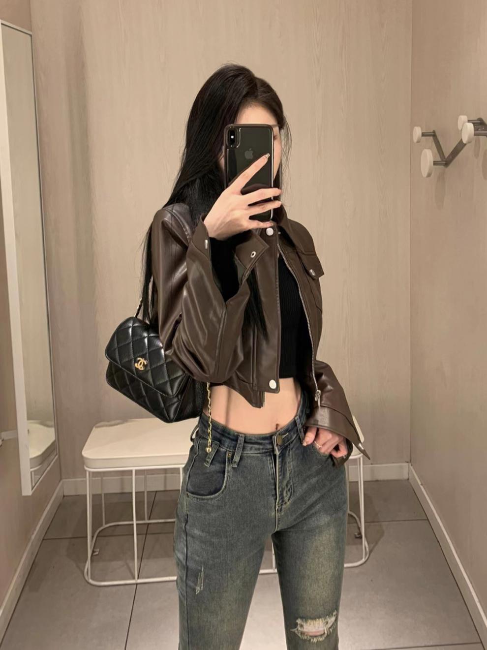 American Retro Sweet Cool Girl Style Coffee Color En Cuir Veste de Moto Top