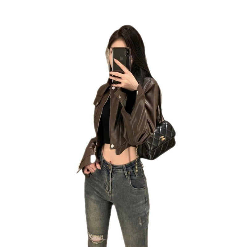 American Retro Sweet Cool Girl Style Coffee Color En Cuir Veste de Moto Top
