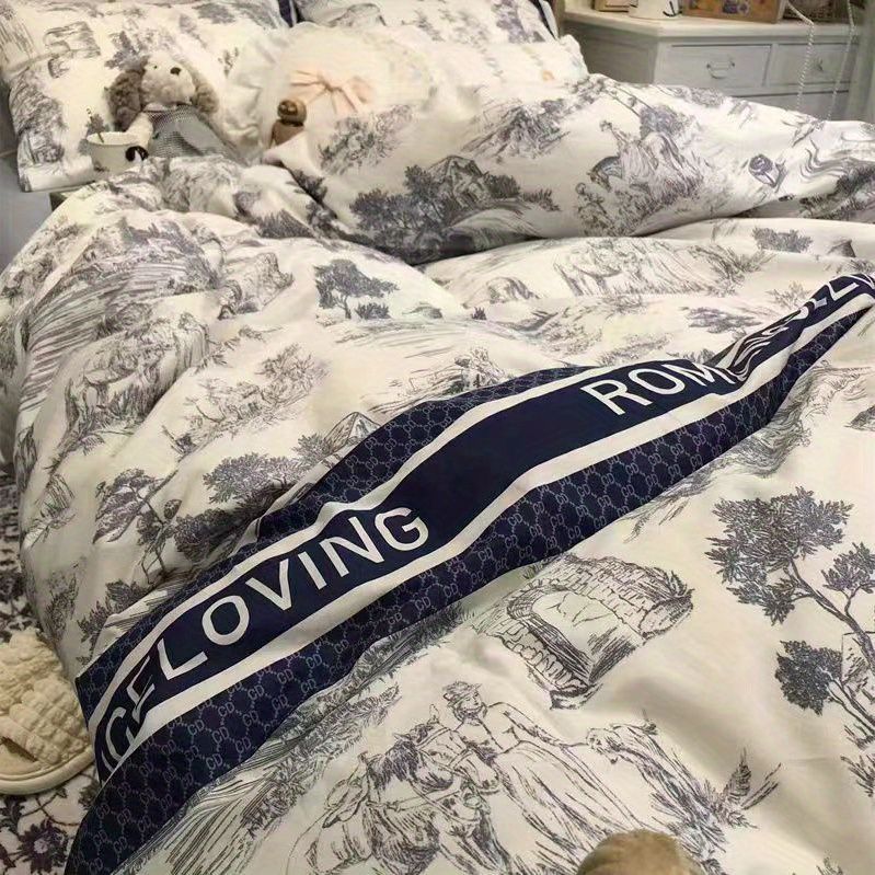 Draps de lit et couverture de couette en coton lavé doux Ensemble de quatre pièces