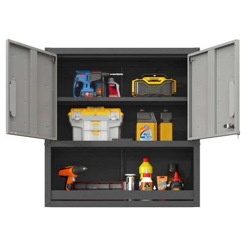 Armoire de rangement en métal mural avec porte de verrouillage et 1 plateau 1 tiroir ouvert pour