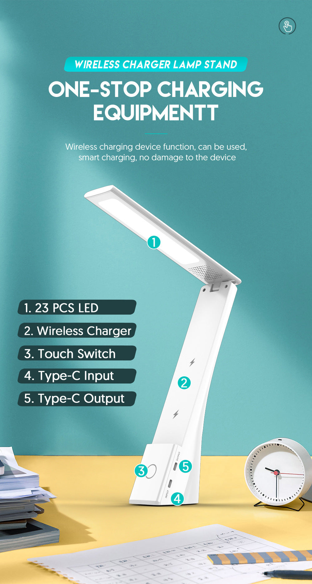 Lampe de table pliable en plastique sans fil Support de charge Personnalisé Multifonctions créatives