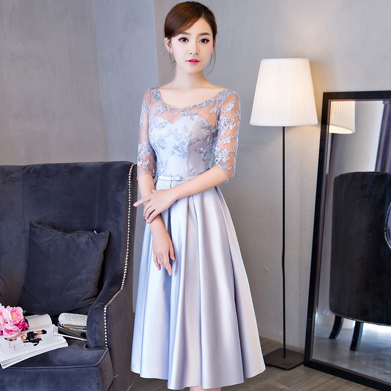 Western Style Banquet d'été mi-longueur Elegant Party Blue Slim-looking Annual Party Eveni
