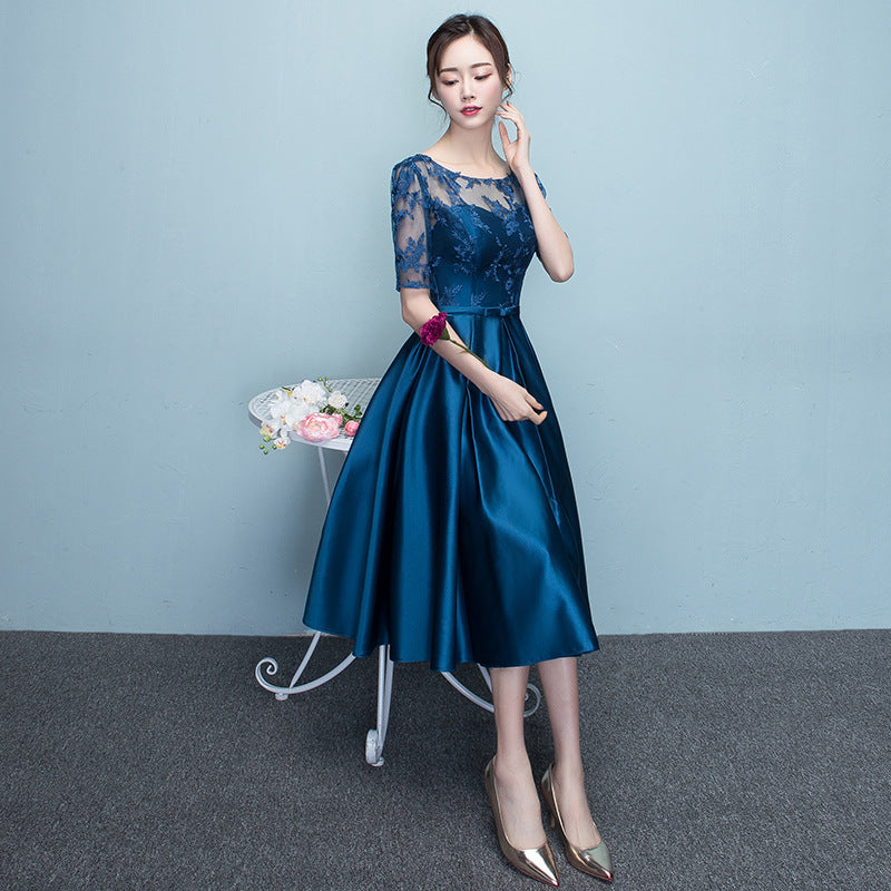 Western Style Banquet d'été mi-longueur Elegant Party Blue Slim-looking Annual Party Eveni