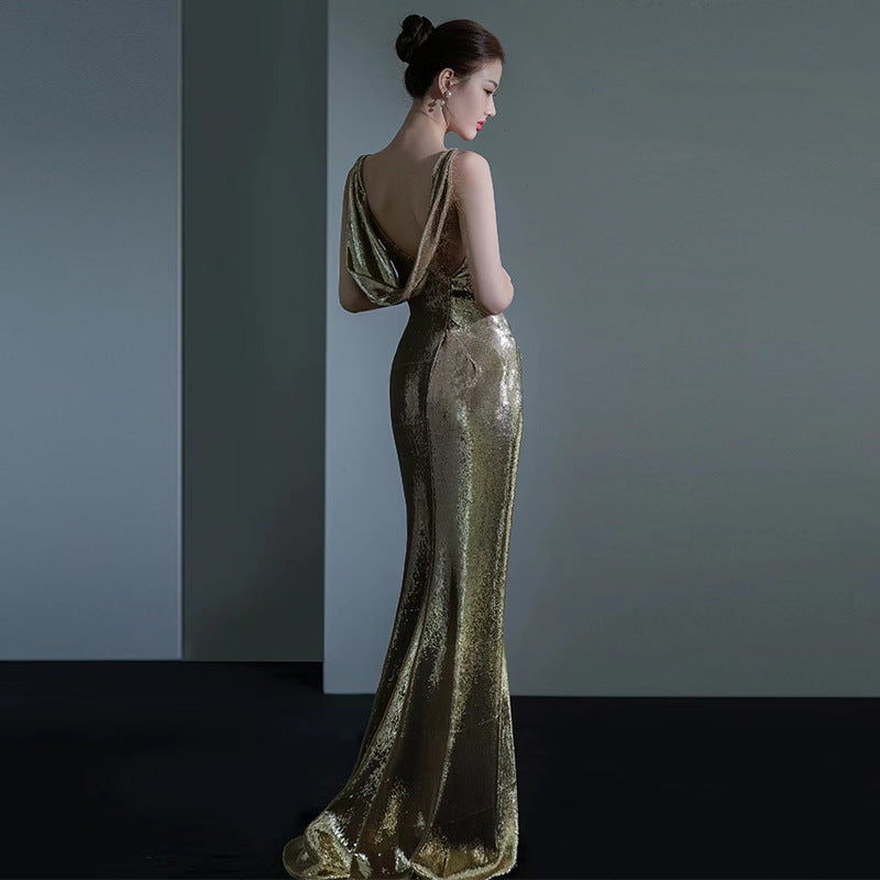 Robe de soirée en queue de poisson pour les femmes Élégante Sequins Réunion annuelle Sexy Backless