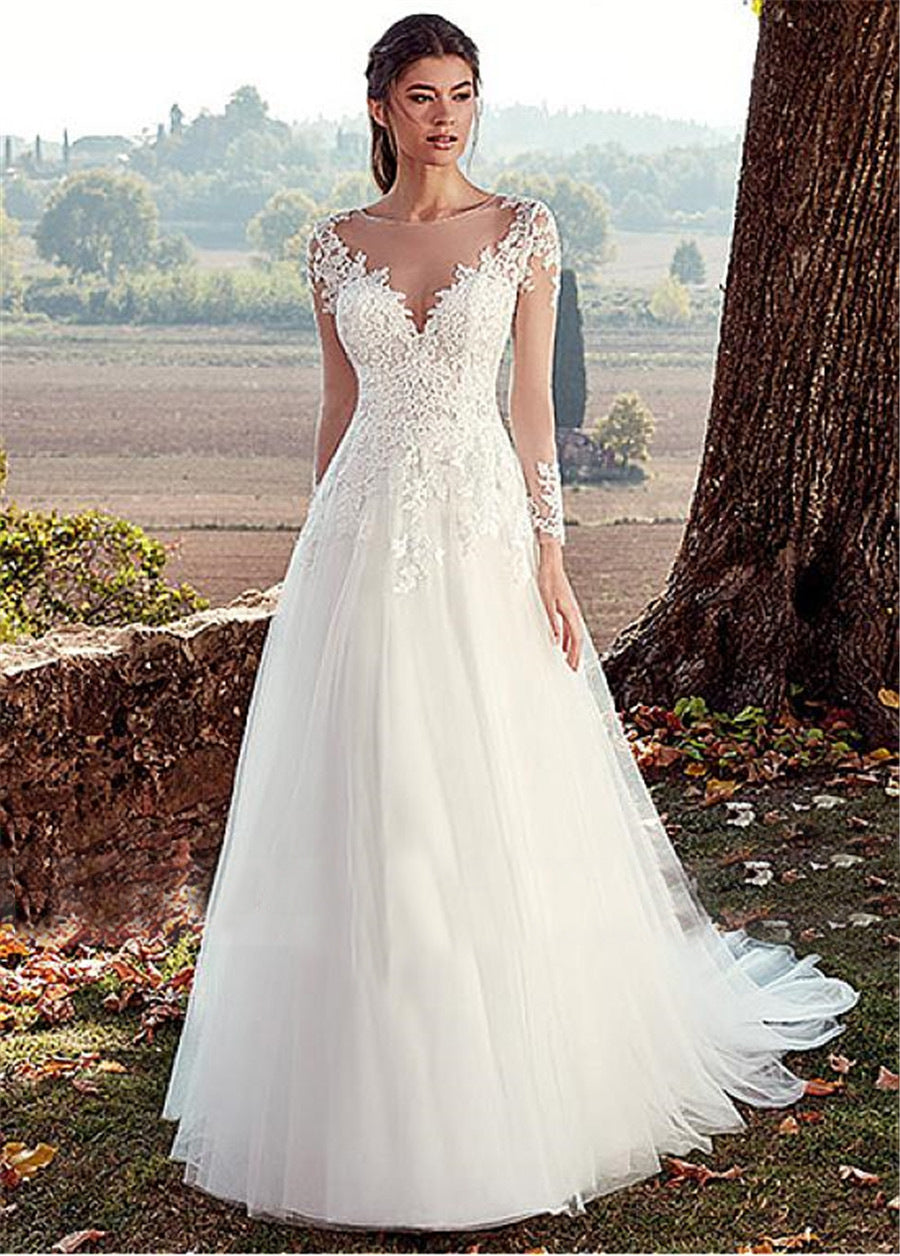 Haut col U Dentelle Longue Manche A- Ligne Long Queue Robe de mariée simple