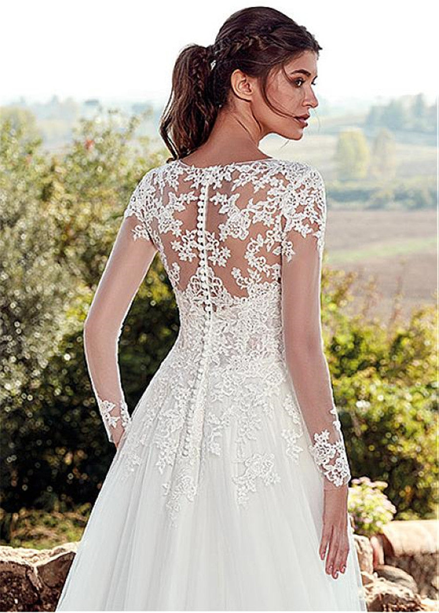 Haut col U Dentelle Longue Manche A- Ligne Long Queue Robe de mariée simple