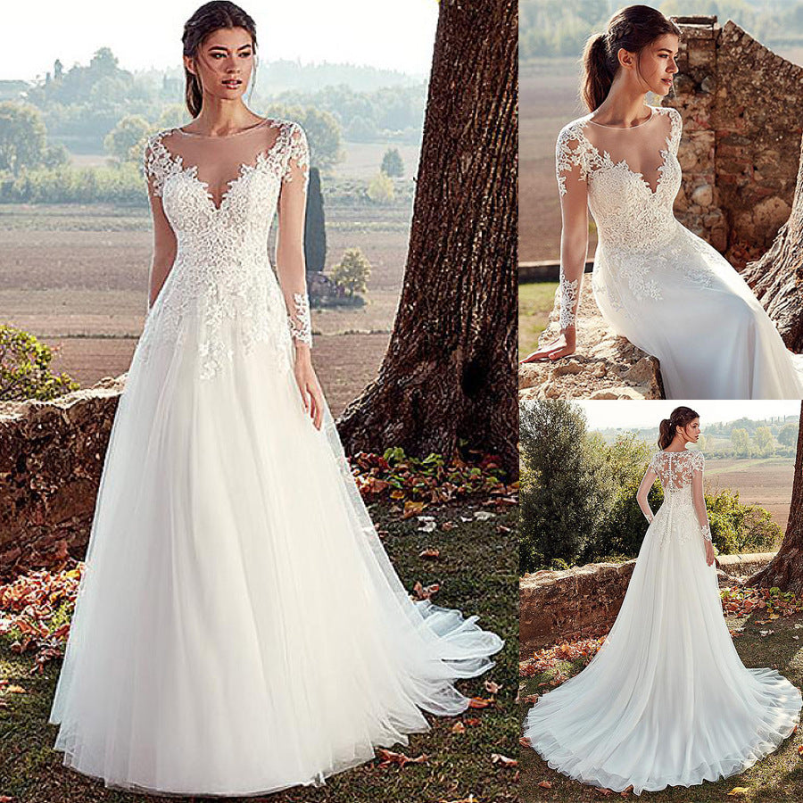 Haut col U Dentelle Longue Manche A- Ligne Long Queue Robe de mariée simple