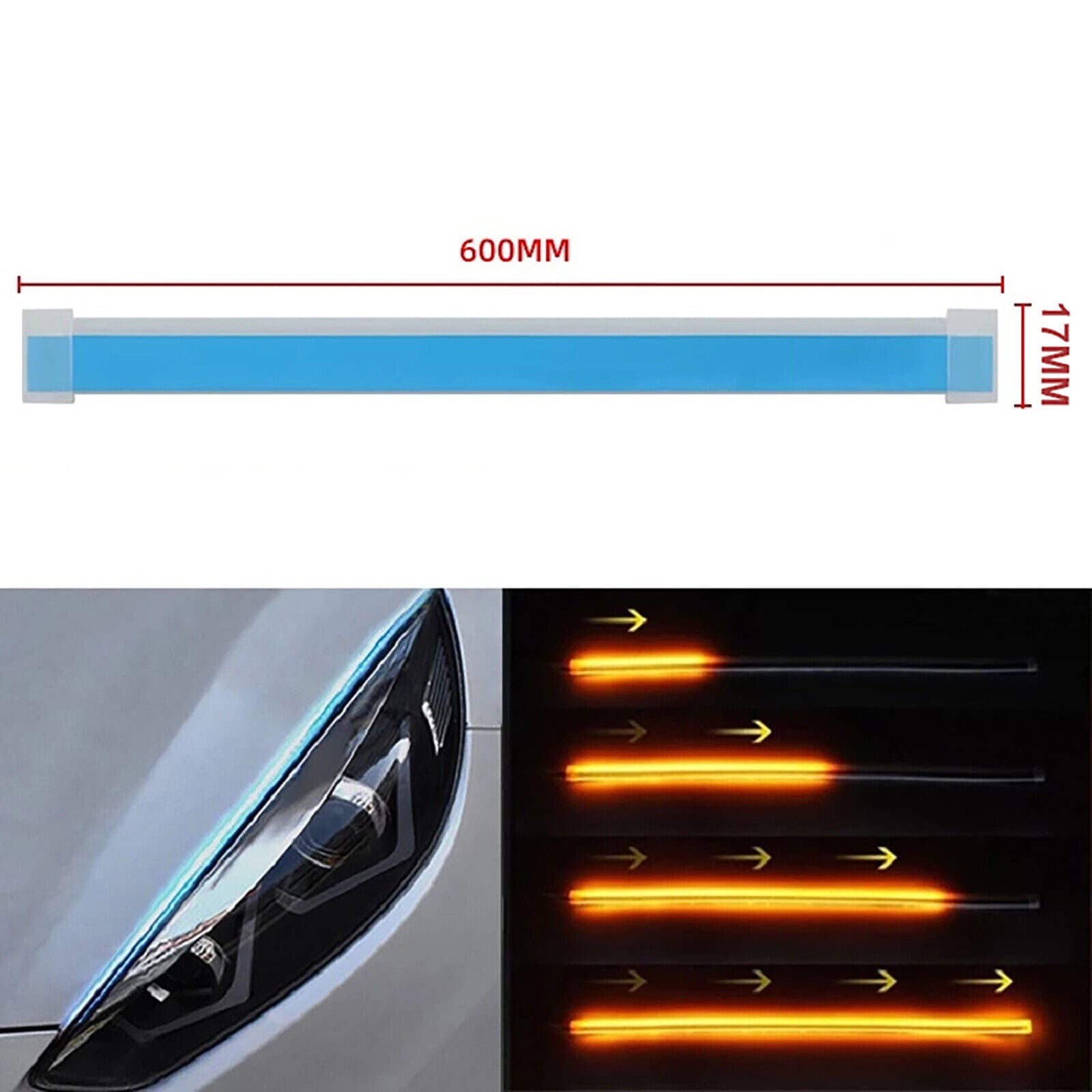 2Pcs 60cm Flexible Switchback LED Bandes lumineuses blanc et ambre DRL Turn Signal 12V IP68 Wate
