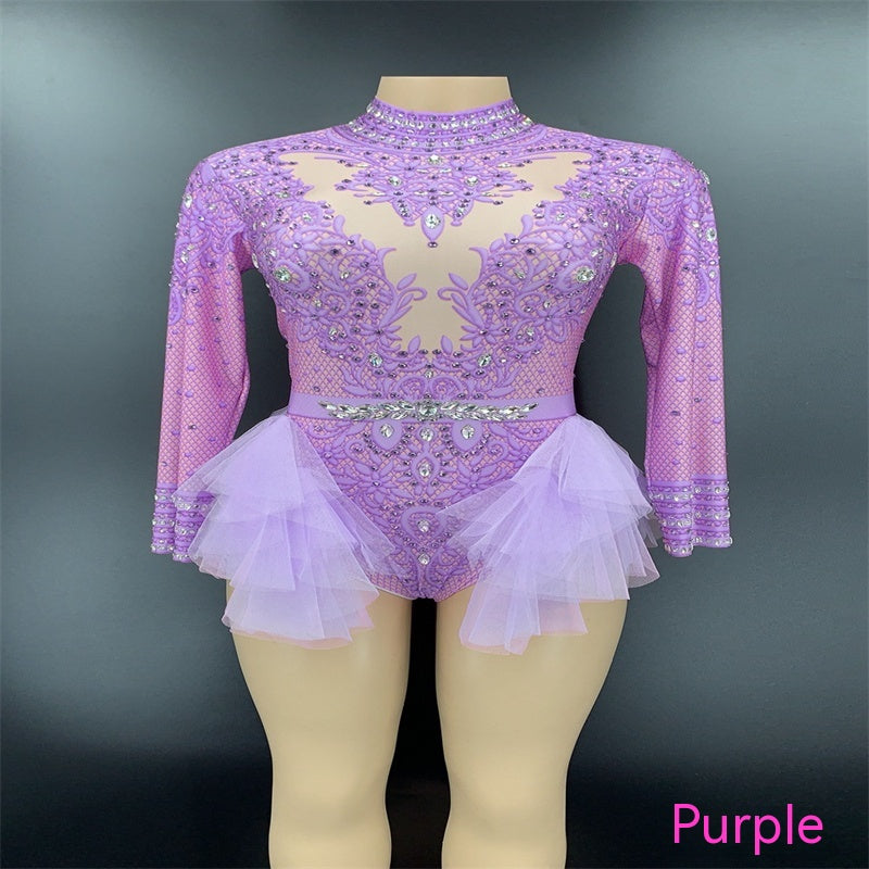 Danse Sexy Shiny Strass Mesh Jumpsuit scène performance costume femmes