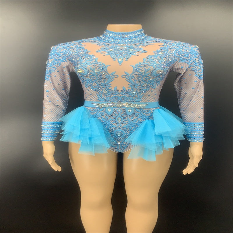 Danse Sexy Shiny Strass Mesh Jumpsuit scène performance costume femmes