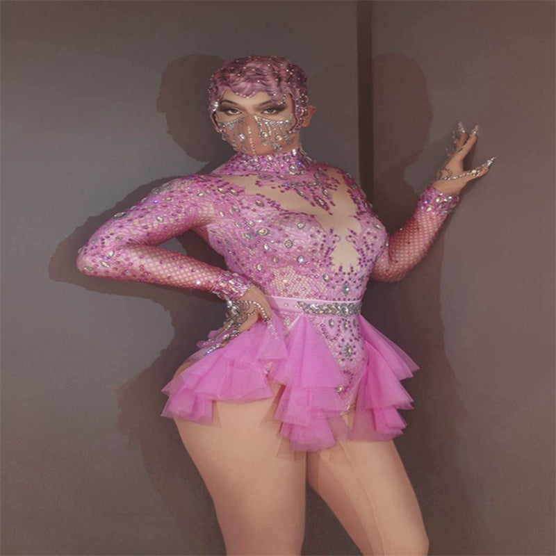 Danse Sexy Shiny Strass Mesh Jumpsuit scène performance costume femmes