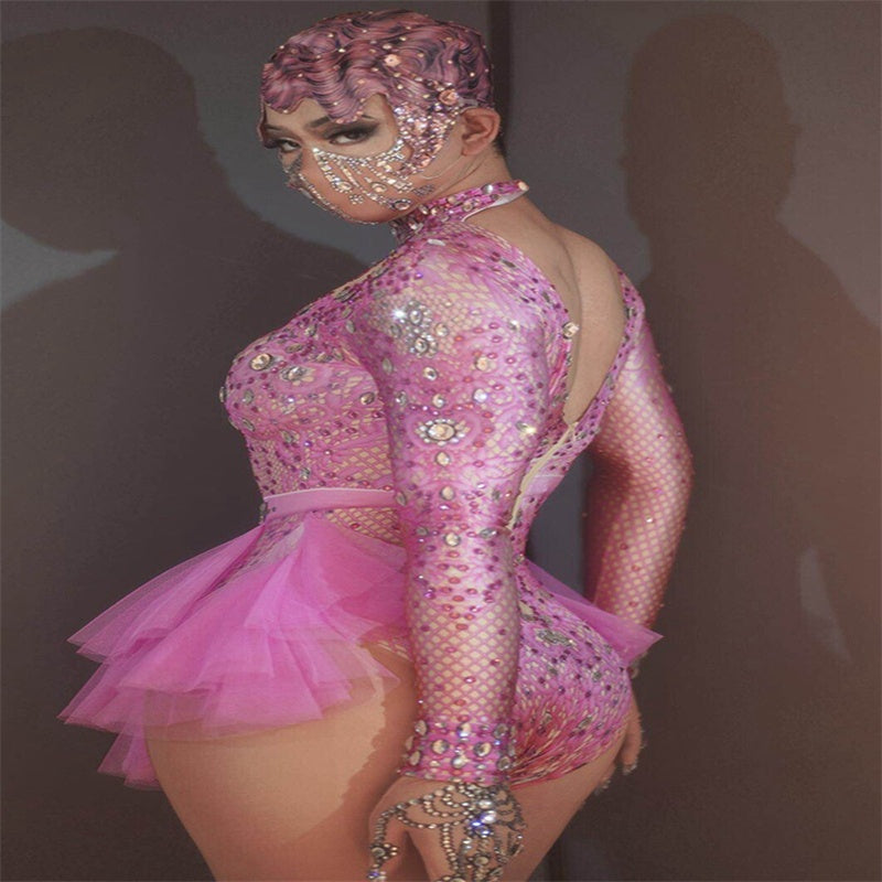 Danse Sexy Shiny Strass Mesh Jumpsuit scène performance costume femmes