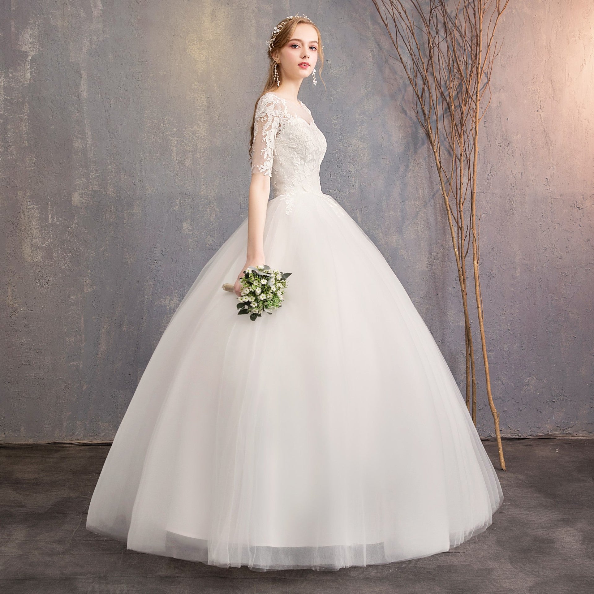 Mode Slim Fit Dentelle Mid Sleeve Plus Taille Photo Studio Robe de mariée