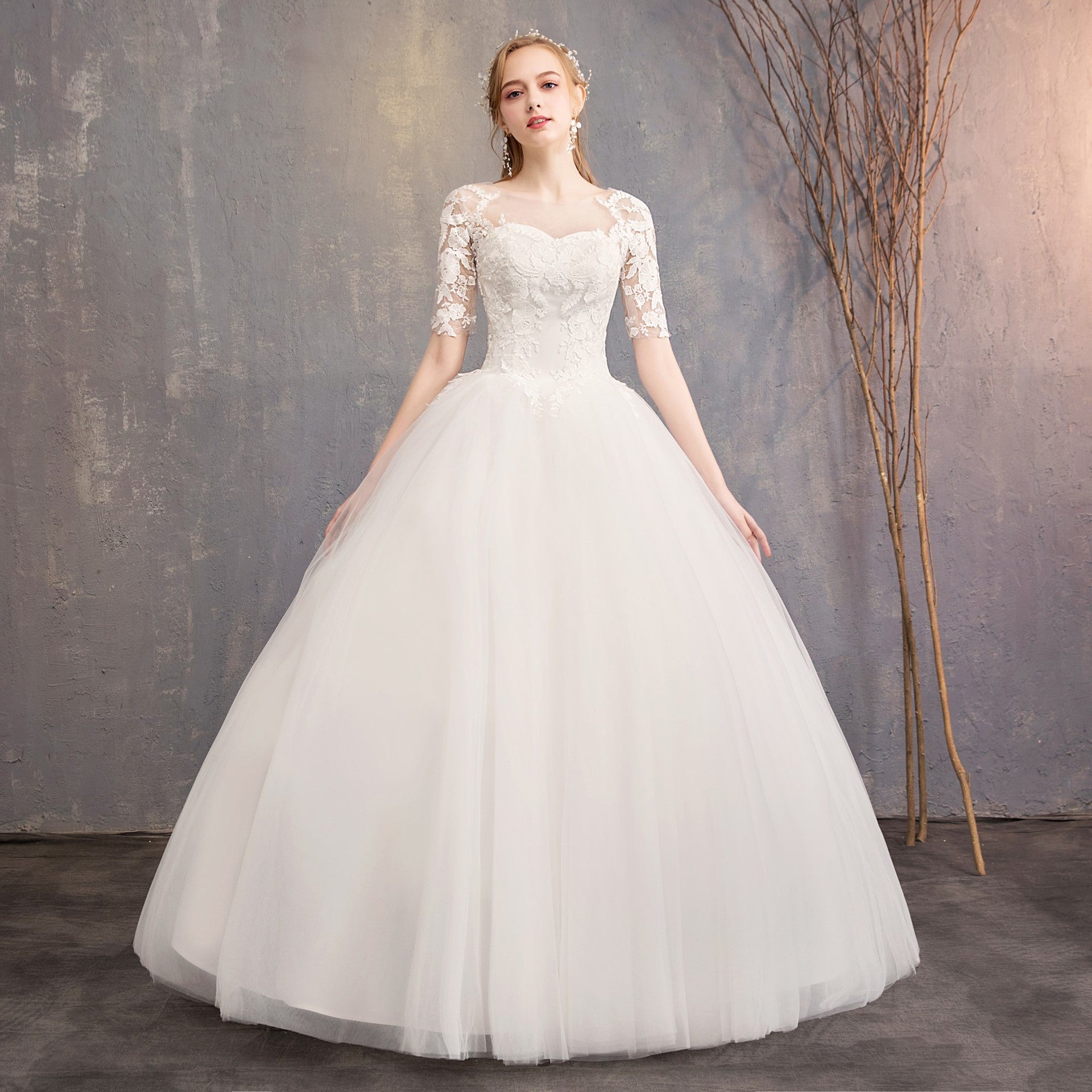 Mode Slim Fit Dentelle Mid Sleeve Plus Taille Photo Studio Robe de mariée
