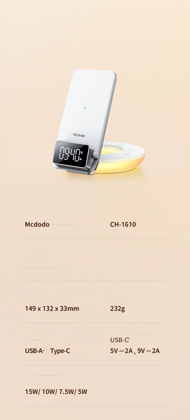 Chargeur sans fil multifonction 15W Support de bureau pliable avec lumière de nuit