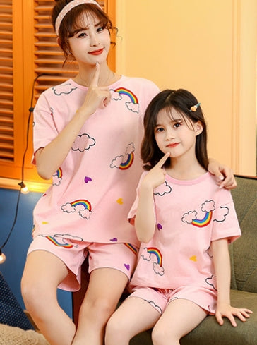 Cotton pour enfants à manches courtes Accueil Porter la combinaison parent-enfant Mère-fille Accueil Caricature P