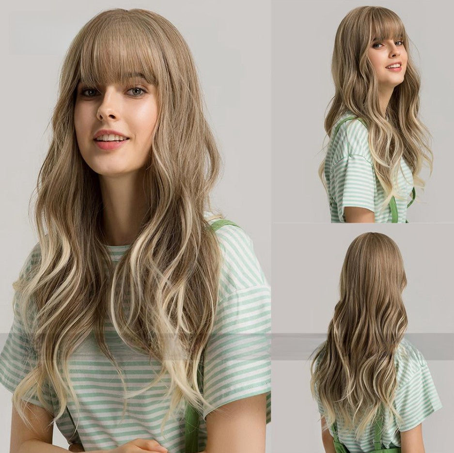 Femmes Black Brown Bangs Long Curly Wig