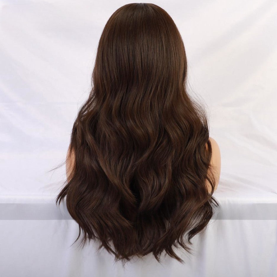 Femmes Black Brown Bangs Long Curly Wig