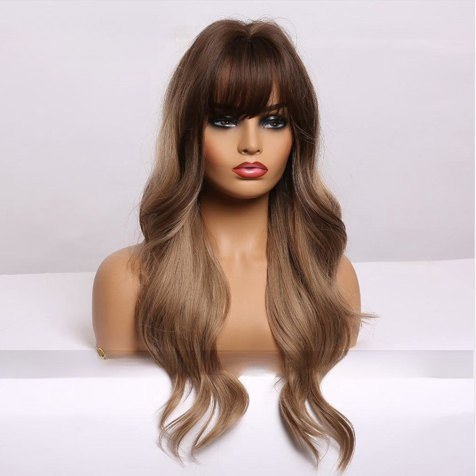 Femmes Black Brown Bangs Long Curly Wig
