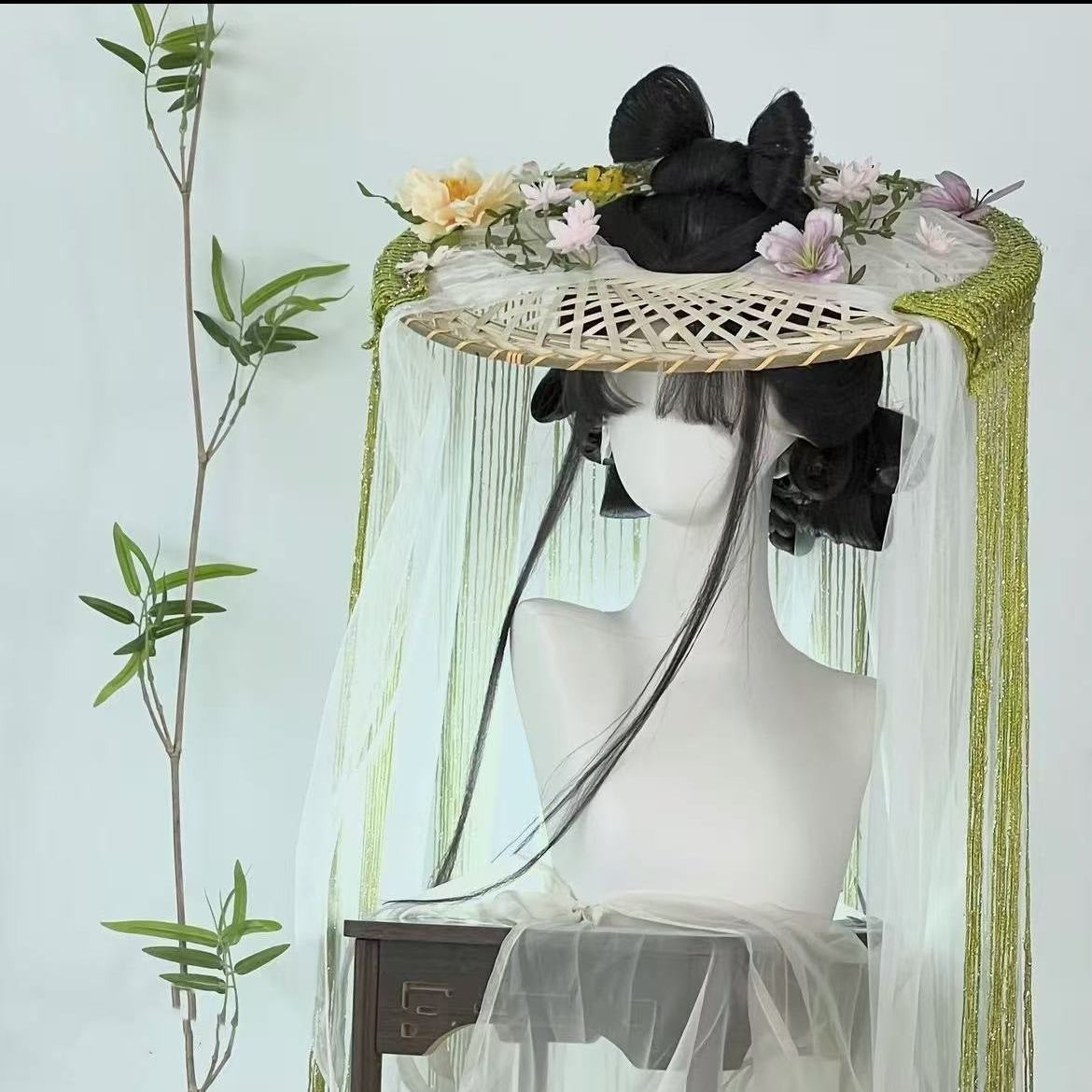 Chapeau Hanfu Chapeau Bambou Rideau en cristal Chivalière Chapeau Bambou Femme Veil