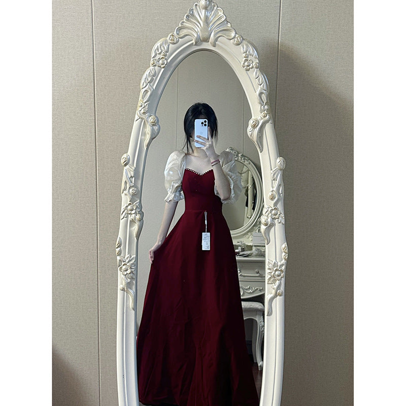 Petit Vin Plus Taille Puff Rouge Manches Princesse Robe de soirée de haute qualité