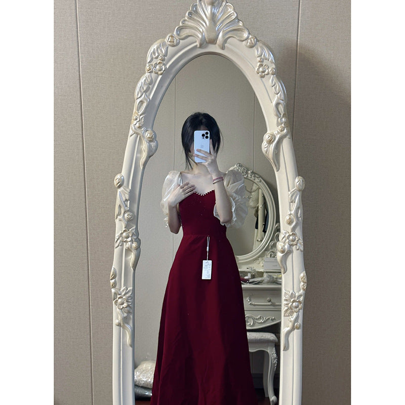 Petit Vin Plus Taille Puff Rouge Manches Princesse Robe de soirée de haute qualité