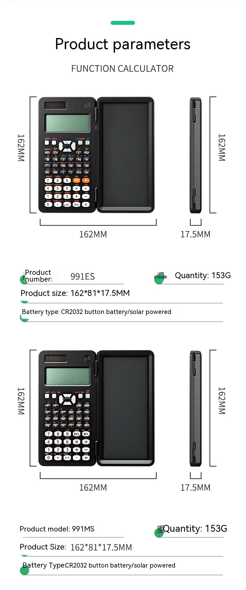 2 En 1 Calculatrices scientifiques pliables Calculatrice de la fonction d'apprentissage de tablette d'écriture Fol