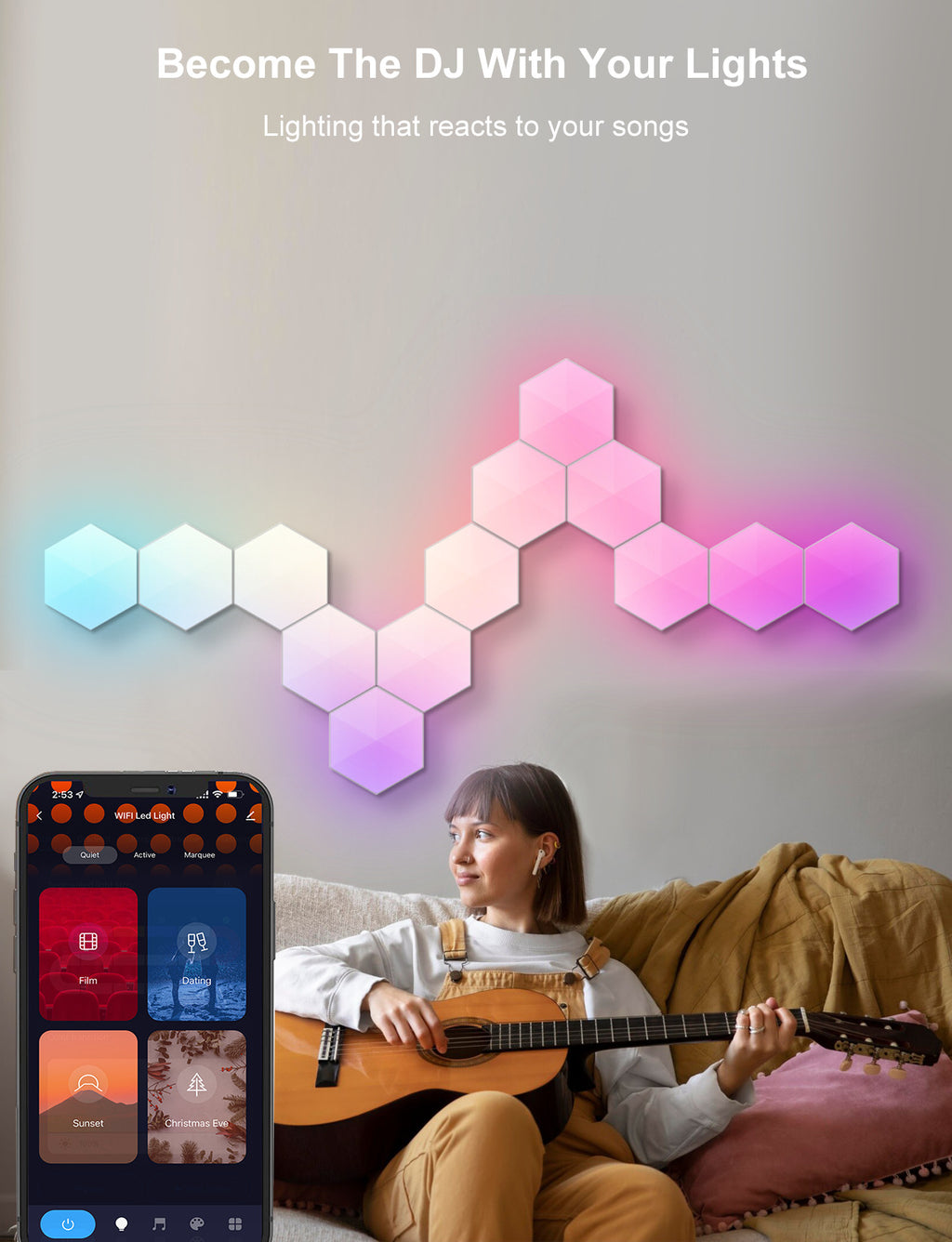 Graffiti Hexagonal Quantum Lampe côté lit Lampe murale E-sports Ambiance Light Smart Honey