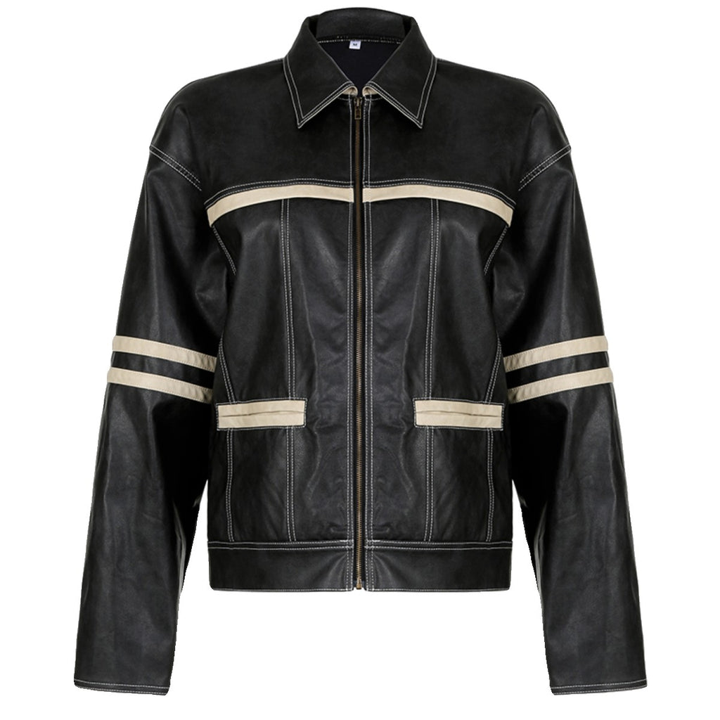 Manteau en cuir fendue rétro couleur contrastante pour femmes