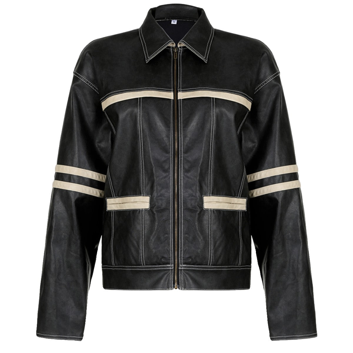Manteau en cuir fendue rétro couleur contrastante pour femmes