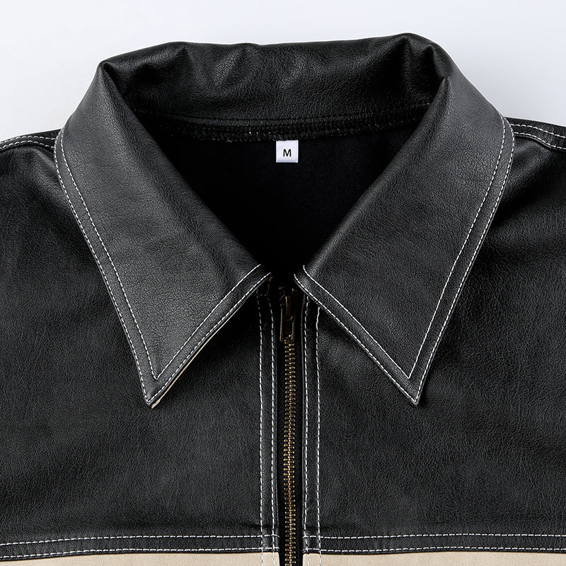 Manteau en cuir fendue rétro couleur contrastante pour femmes