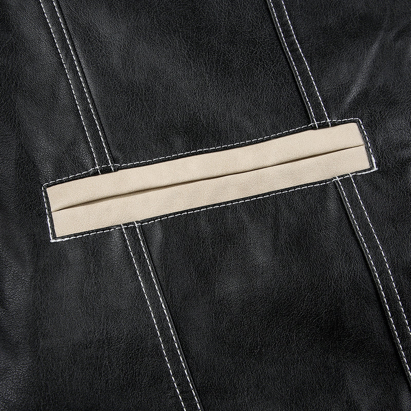 Manteau en cuir fendue rétro couleur contrastante pour femmes