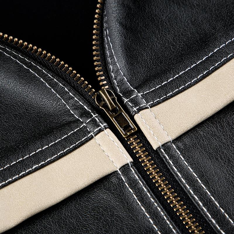 Manteau en cuir fendue rétro couleur contrastante pour femmes