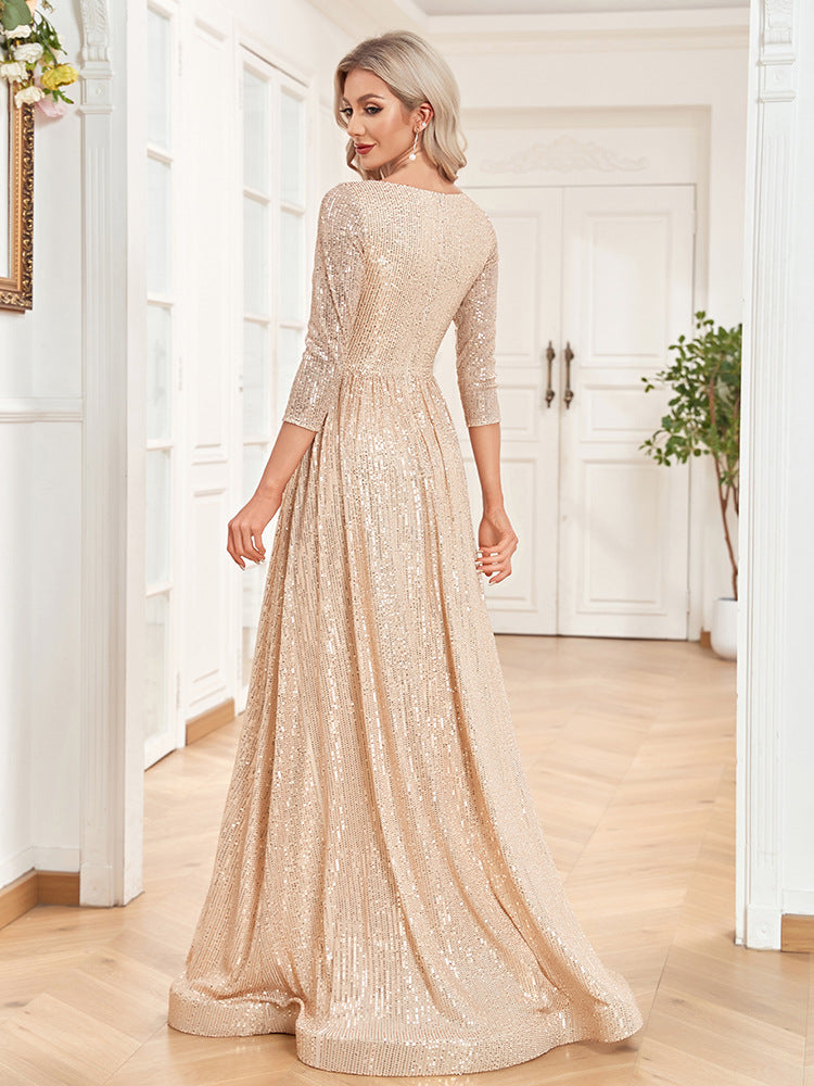 Robe de haute tenue de soirée à col V pailleté d'automne