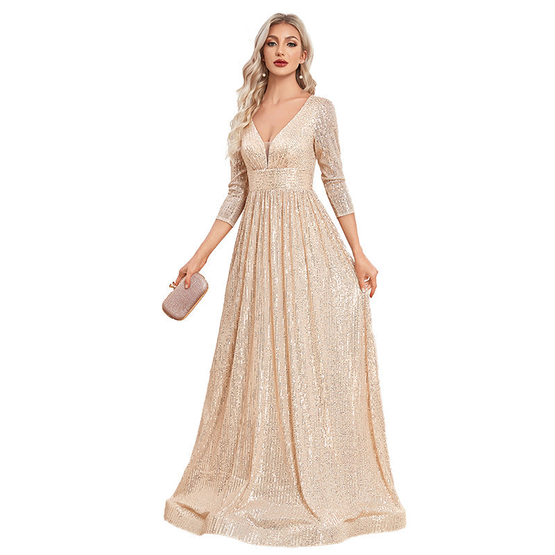 Robe de haute tenue de soirée à col V pailleté d'automne