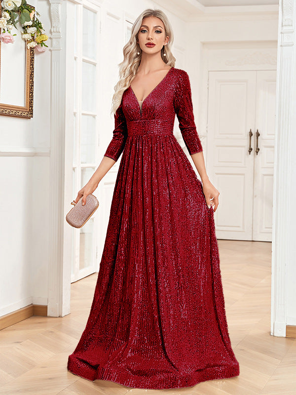 Robe de haute tenue de soirée à col V pailleté d'automne