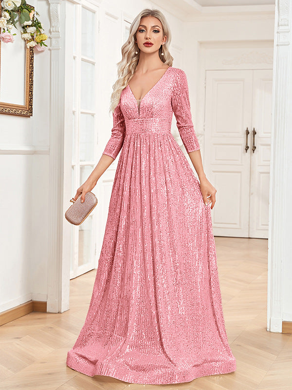 Robe de haute tenue de soirée à col V pailleté d'automne