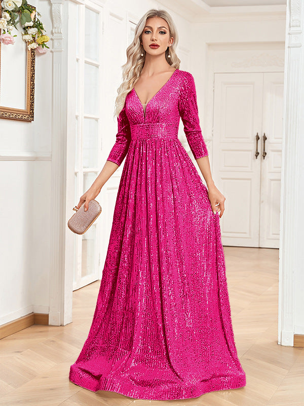 Robe de haute tenue de soirée à col V pailleté d'automne