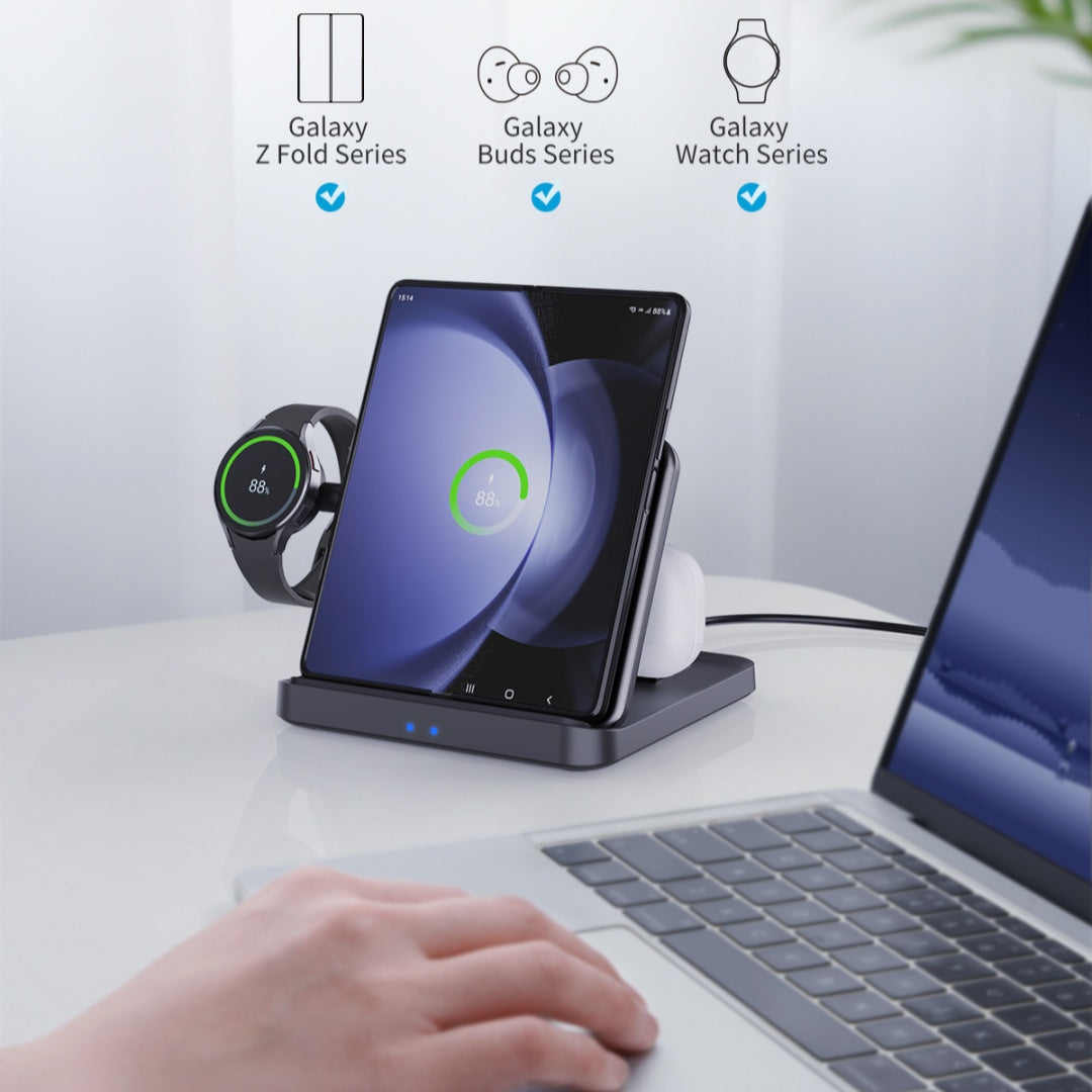 Support de bureau pliable pour chargeur sans fil trois en un