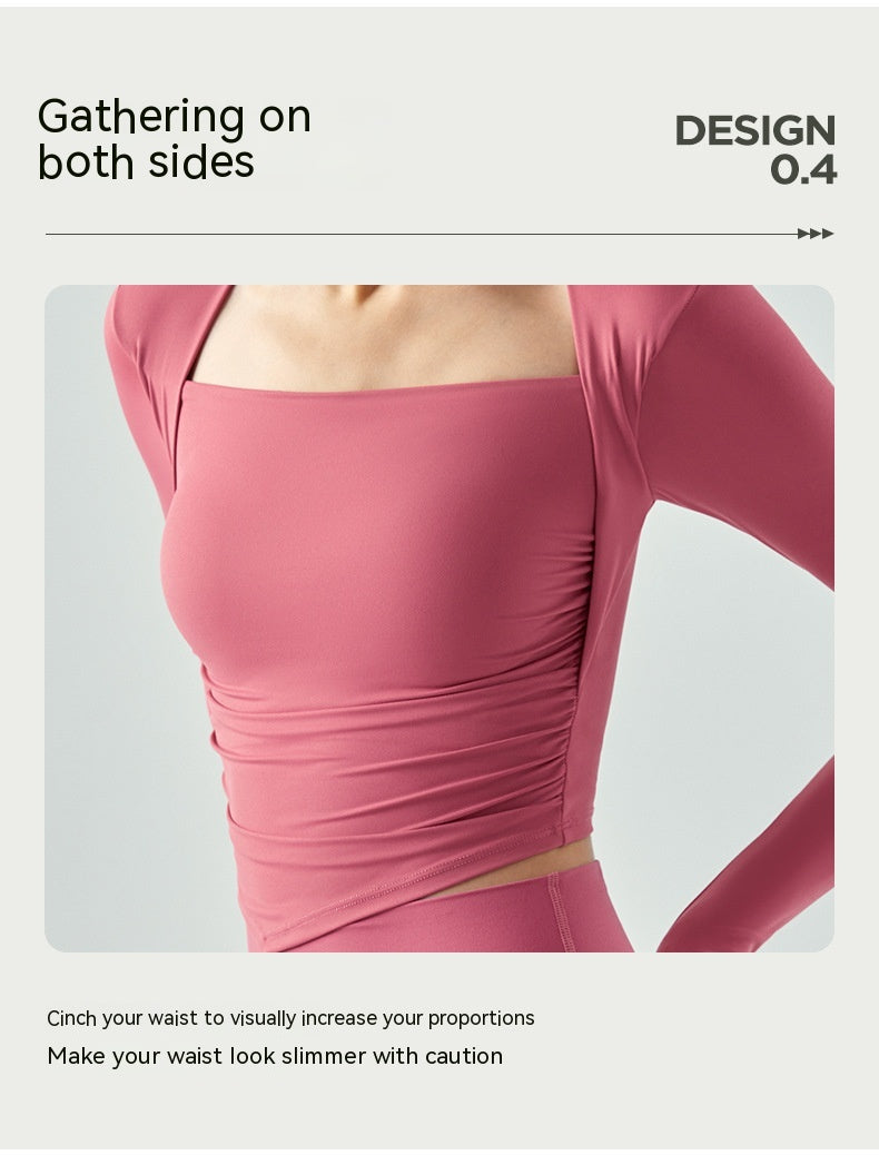 Faux vêtements de yoga deux-pièces manches longues semi-fixes Coupe de goutte d'eau plissé Slim Fit Sports