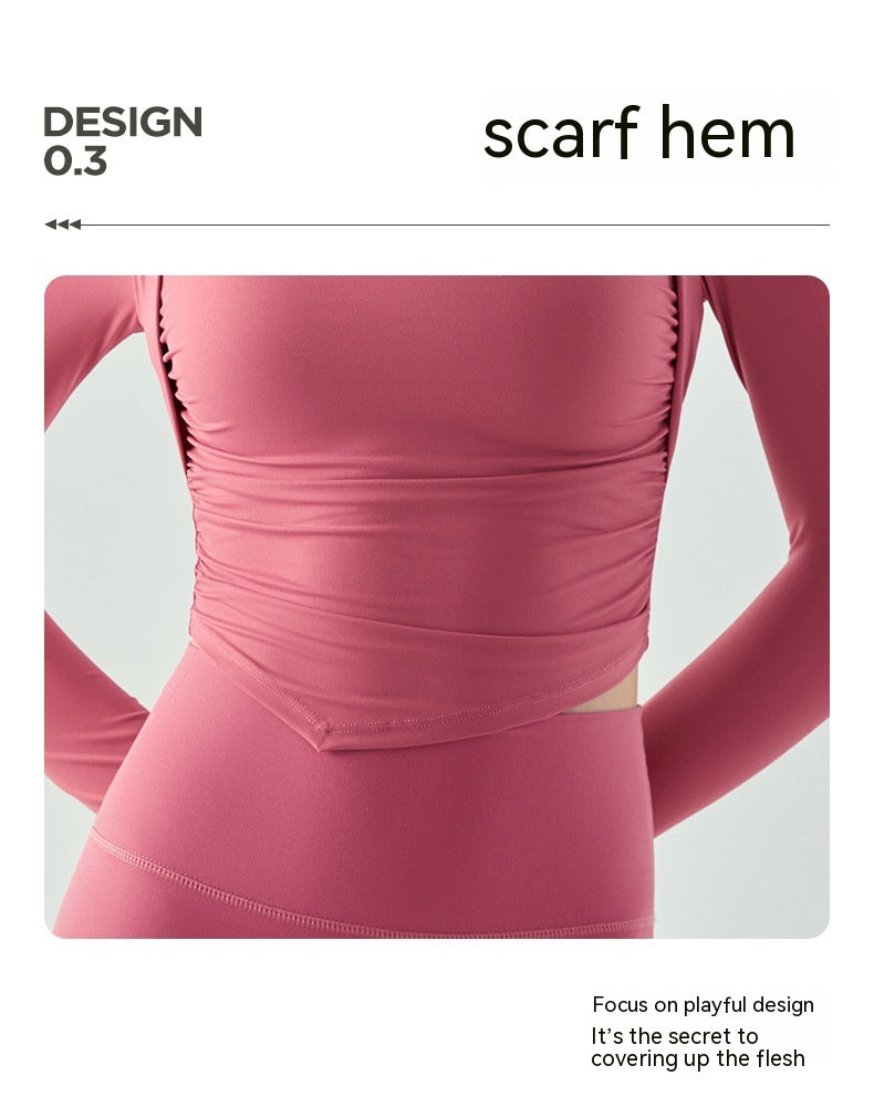 Faux vêtements de yoga deux-pièces manches longues semi-fixes Coupe de goutte d'eau plissé Slim Fit Sports