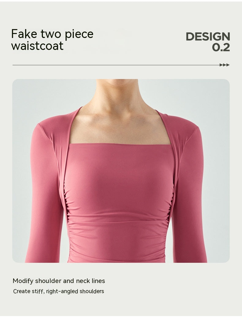 Faux vêtements de yoga deux-pièces manches longues semi-fixes Coupe de goutte d'eau plissé Slim Fit Sports