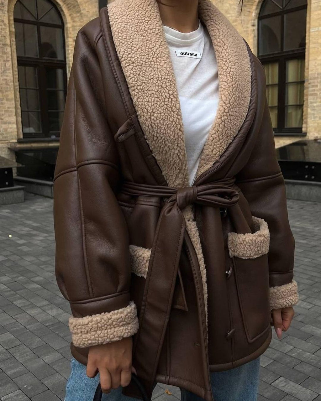 Leather and Fur Coréen Style Long Sleeve Splicing Coat Femmes