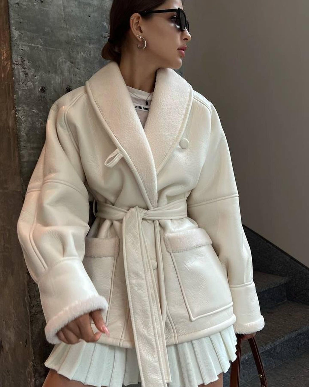 Leather and Fur Coréen Style Long Sleeve Splicing Coat Femmes