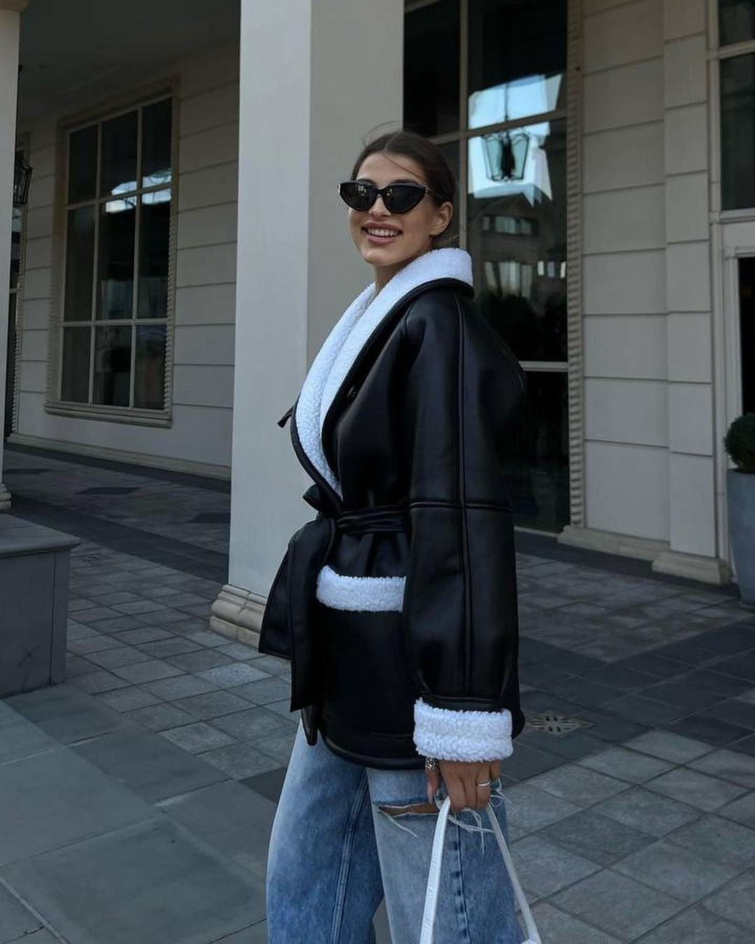 Leather and Fur Coréen Style Long Sleeve Splicing Coat Femmes
