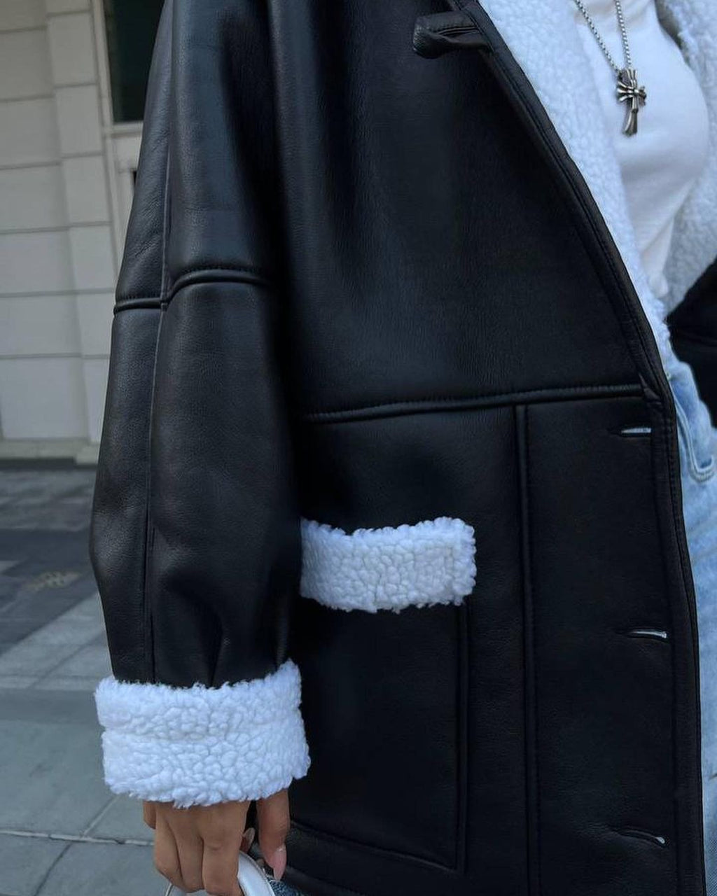 Leather and Fur Coréen Style Long Sleeve Splicing Coat Femmes