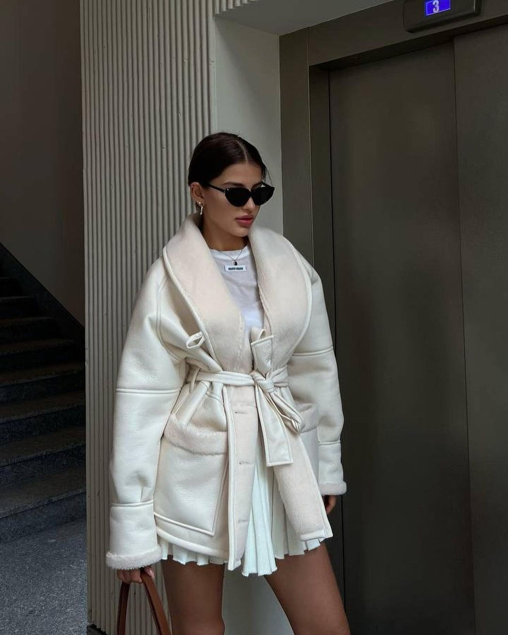 Leather and Fur Coréen Style Long Sleeve Splicing Coat Femmes
