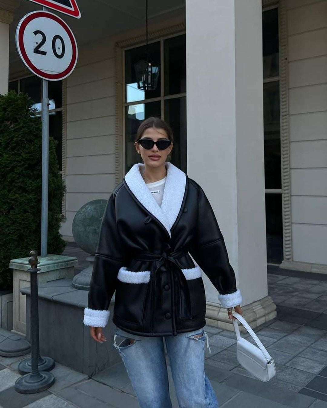 Leather and Fur Coréen Style Long Sleeve Splicing Coat Femmes