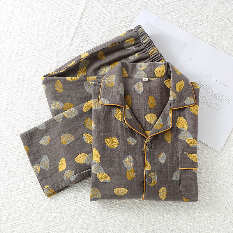 Pure Cotton Double couche Sheer Homme manches longues Jacquard Pajama Set