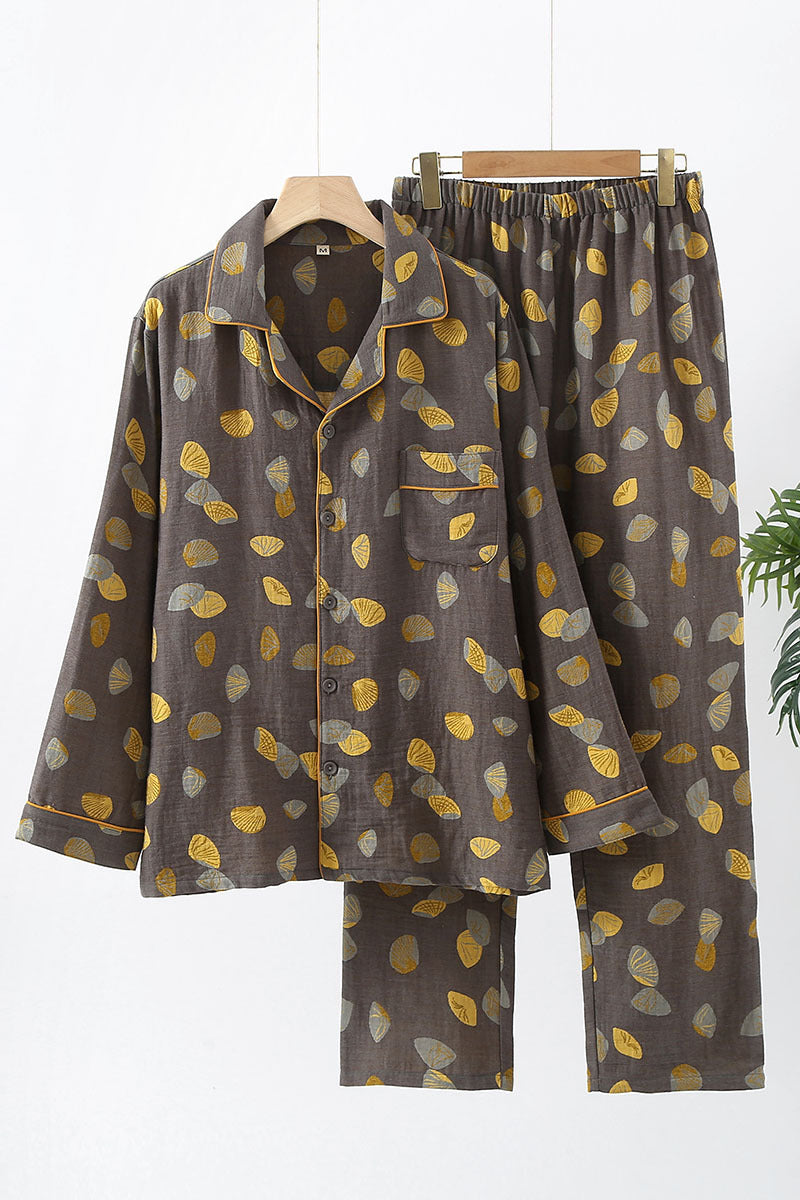 Pure Cotton Double couche Sheer Homme manches longues Jacquard Pajama Set